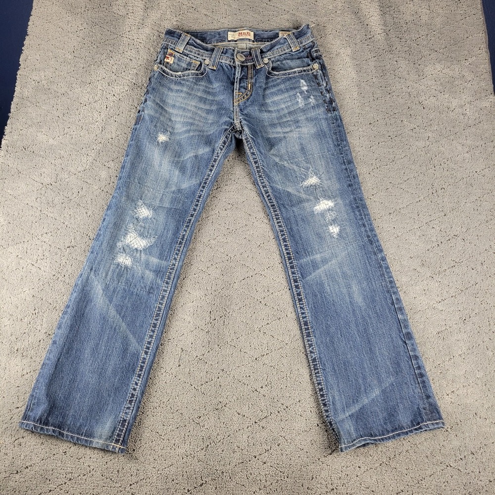 Mek Denim Jeans Mens 29x34 Blue Osaka Bootcut Distressed Whisker Honeycomb